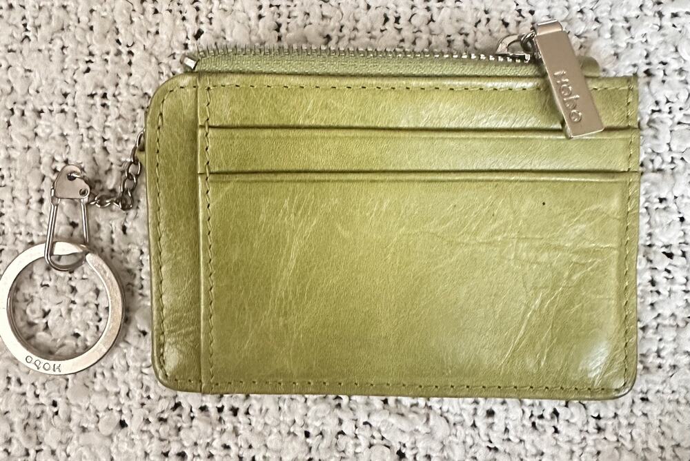 HOBO Leather ID Wallet Coin Purse Green Zip Card Case Key Ring Floral Lining VTG